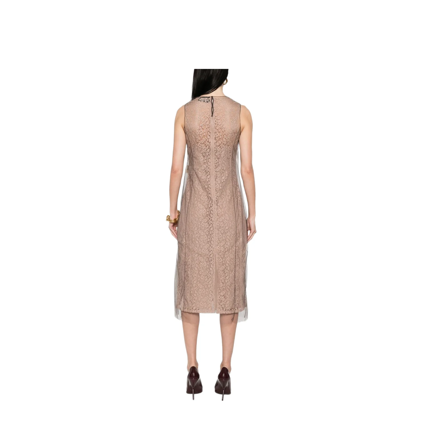 Concealed Rear Hook and Zip Fastening Internal Slip Dress with Tulle Overlay and Rear Slit - Image 3